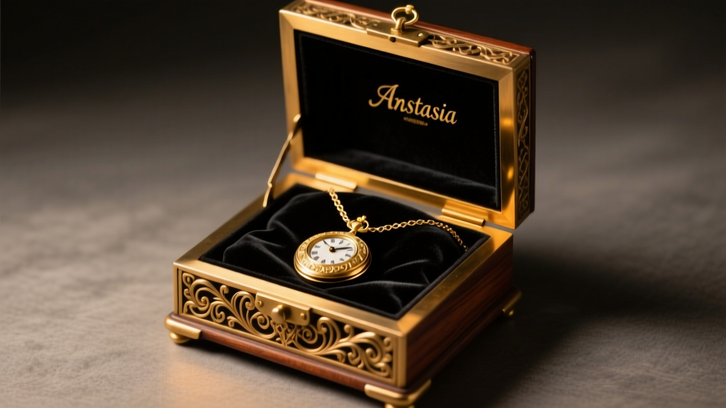 Open vintage Anastasia music box displaying a gold-tone Romanov locket necklace on dark velvet under soft, warm directional light