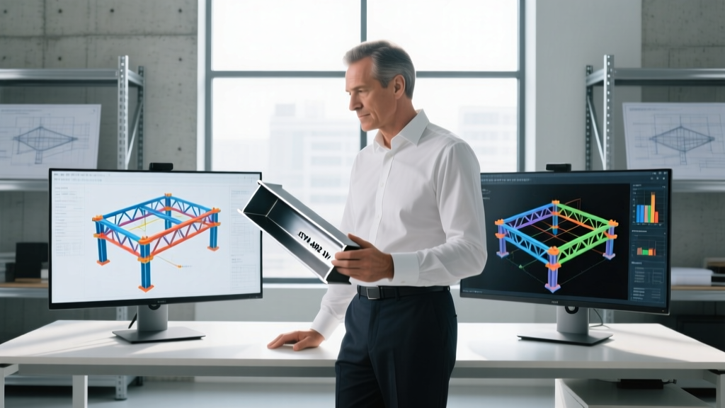 Structural engineer reviewing 3D RAM steel framing model on dual monitors while holding physical ASTM A992 W-shape steel cross-section samples