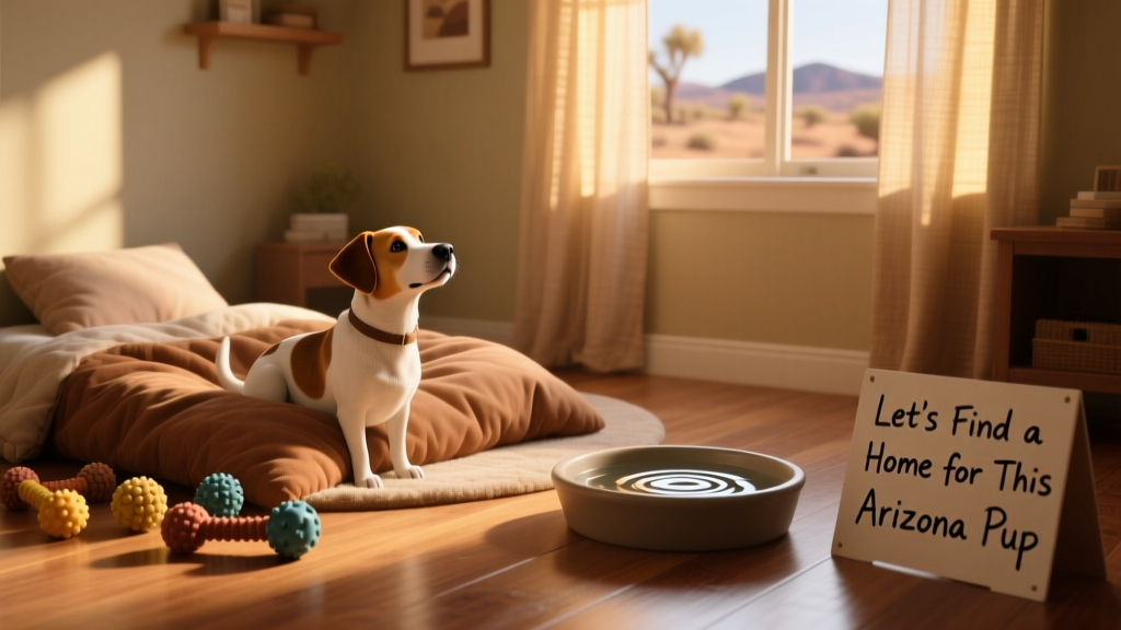 A cozy, accessible adoption room with soft bedding, tactile toys, and a water bowl — designed for a blind dog’s comfort