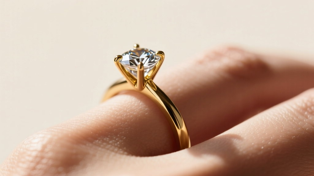 Close-up of a 4-prong martini diamond setting, highlighting delicate gold prongs and the metal post thickness against bare skin