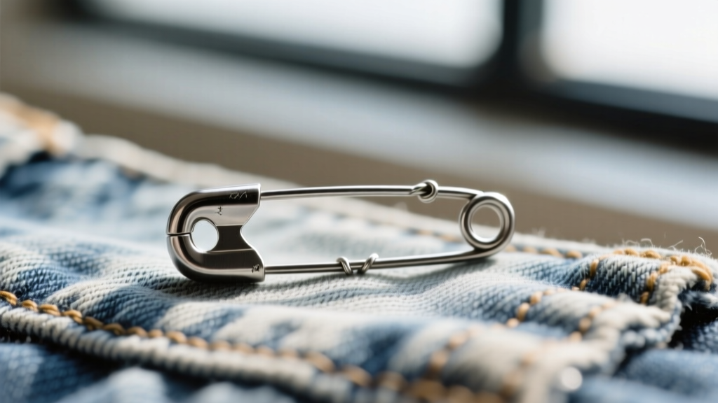 Macro photo of an 18-gauge surgical steel safety pin earring on vintage denim, highlighting the crude wire clasp and metal texture