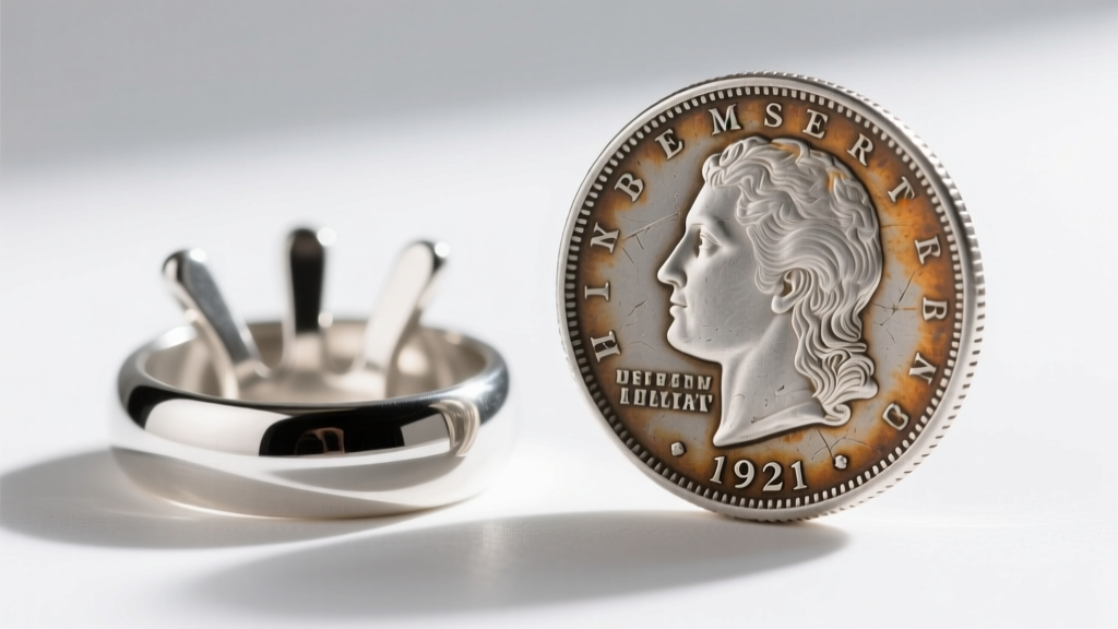 Macro shot comparing a smooth sterling silver bezel and a four-prong mount holding a worn 1921 Morgan silver dollar coin.