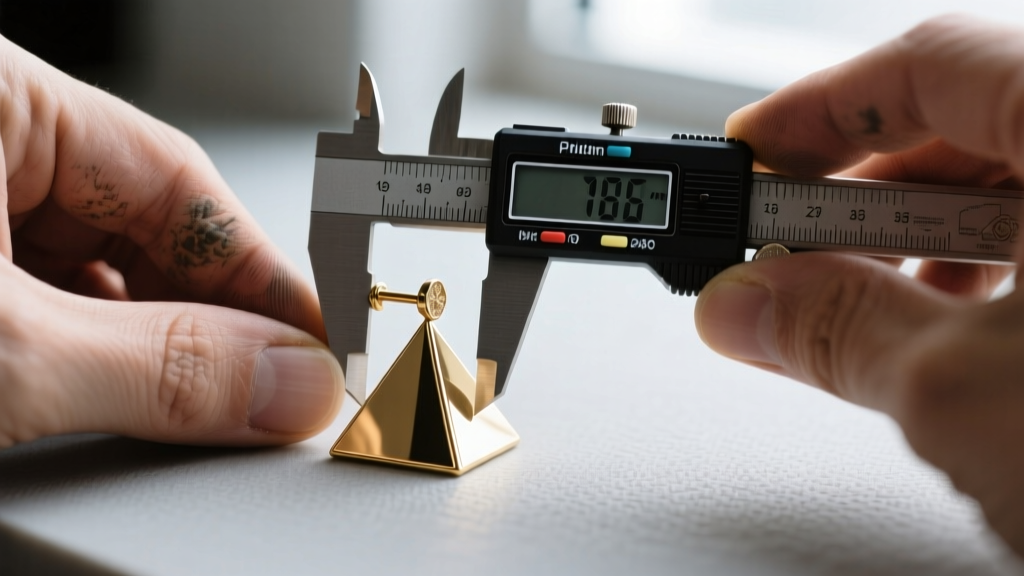 Close-up of a jeweler using digital calipers to measure the dimensions of a brass pyramid stud on a luxury designer earring post