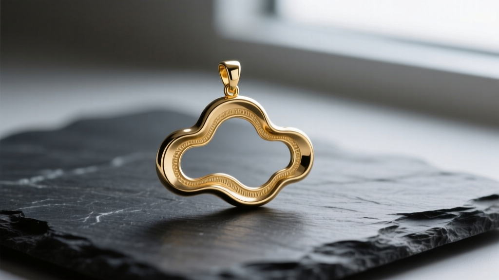 Macro shot of a 14k gold sculptural cloud pendant on dark slate, highlighting polished curves and lost-wax casting details.