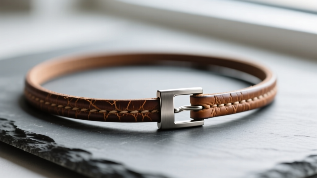 Macro shot of a 4mm mens leather necklace cord with brushed steel clasp on slate, showing natural full-grain texture.