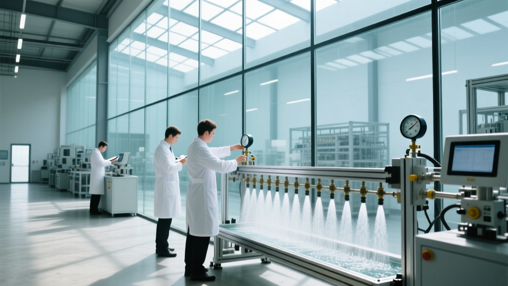 Technicians operating a calibrated water spray rack against a large glass curtain wall mock-up inside a brightly lit structural testing laboratory.