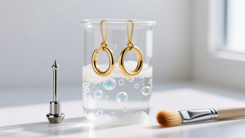 Titanium labret and 14k gold huggie hoop soaking in a glass beaker of soapy water near a soft-bristled jewelry cleaning brush.