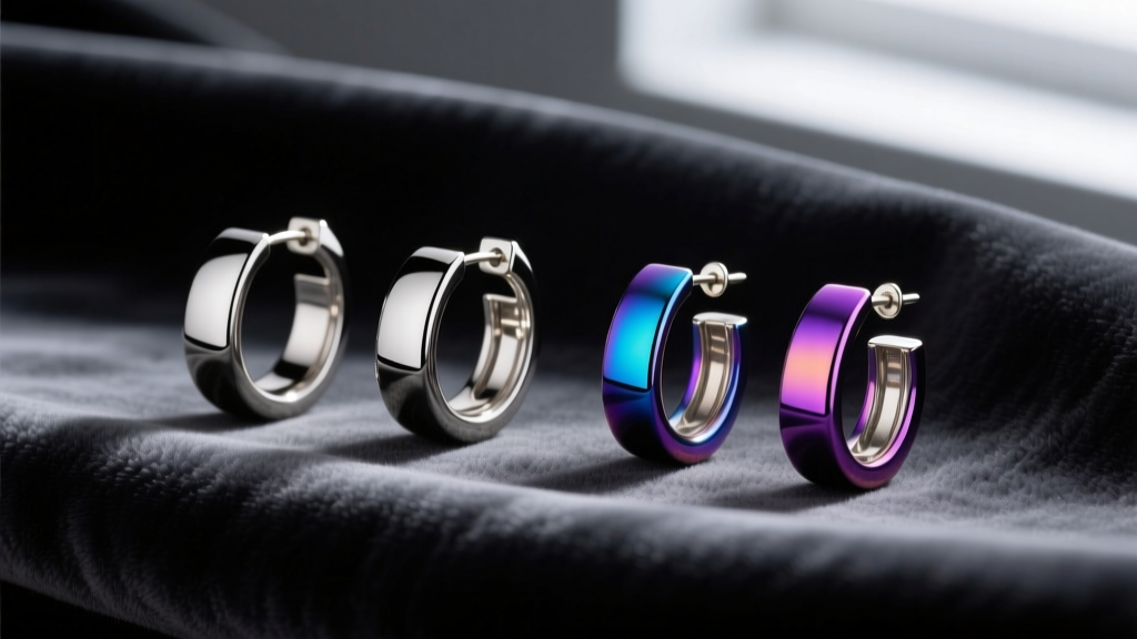 Display of polished implant-grade titanium and anodized niobium huggie earrings resting on dark charcoal velvet fabric