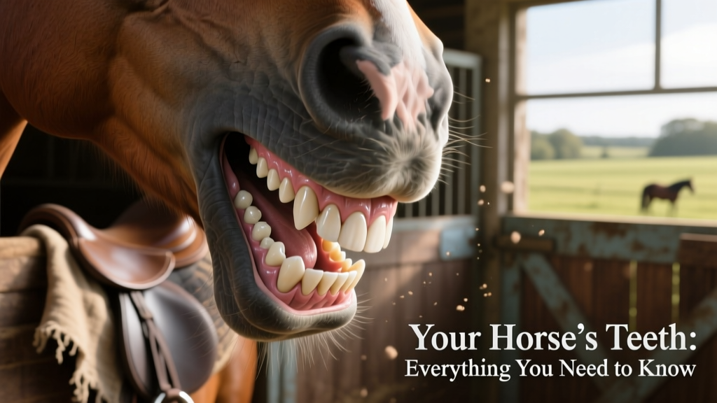 Close-up photo of a horse's mouth showing upper and lower incisors, premolars, and molars in proper alignment