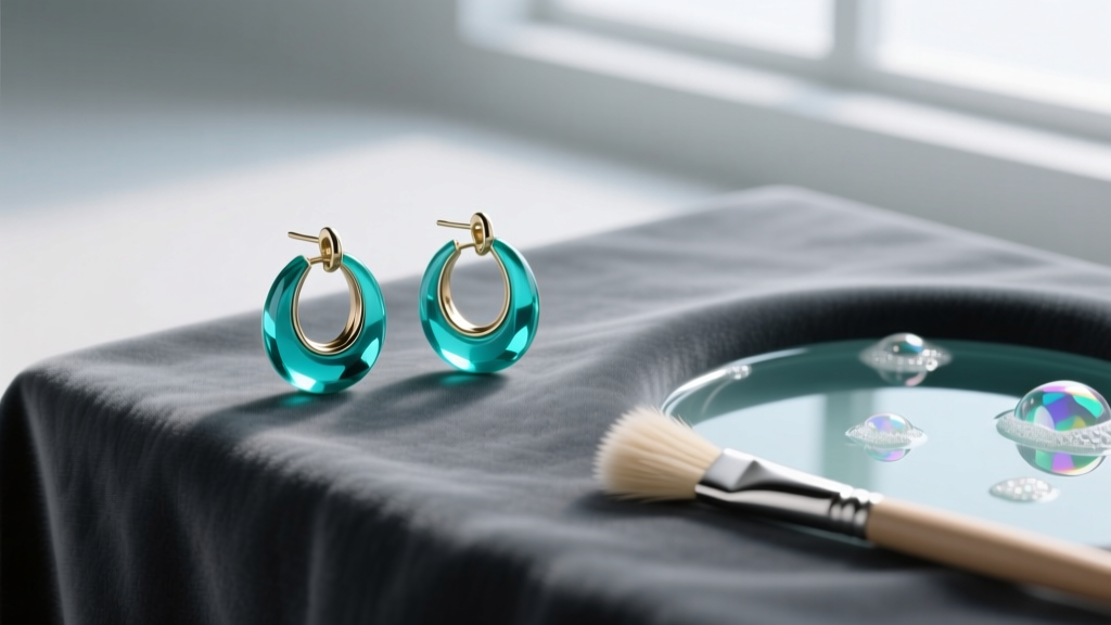 Flat lay of aquamarine hoop earrings on grey velvet next to mild soapy water and a soft brush for gentle beryl gemstone cleaning.