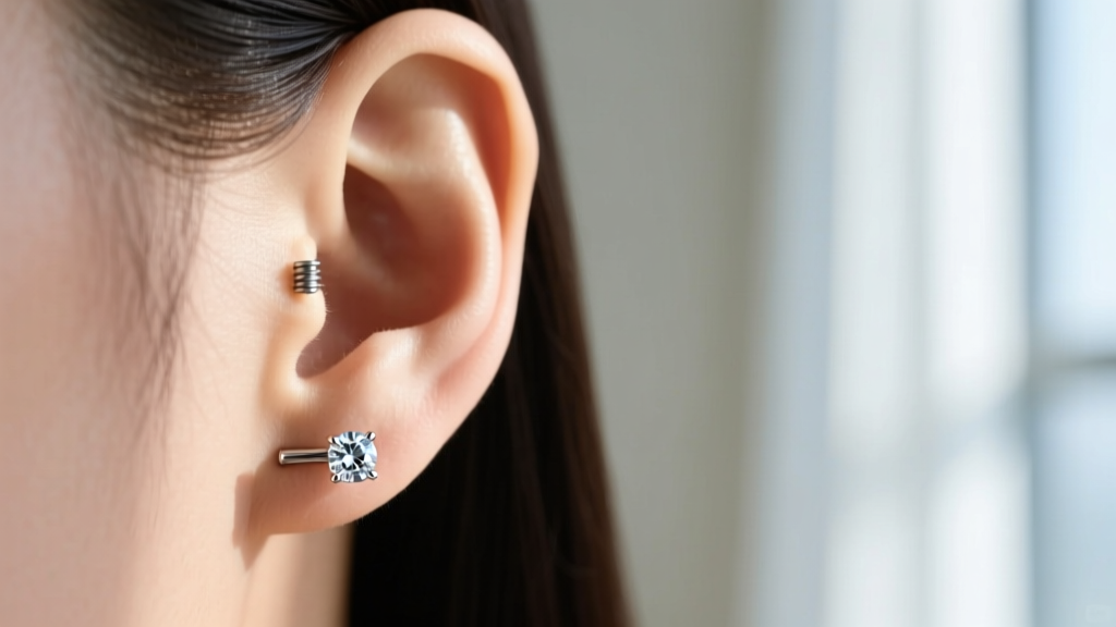 Close-up of an earlobe showing a titanium screw on back fastened behind a diamond stud earring in soft natural window light