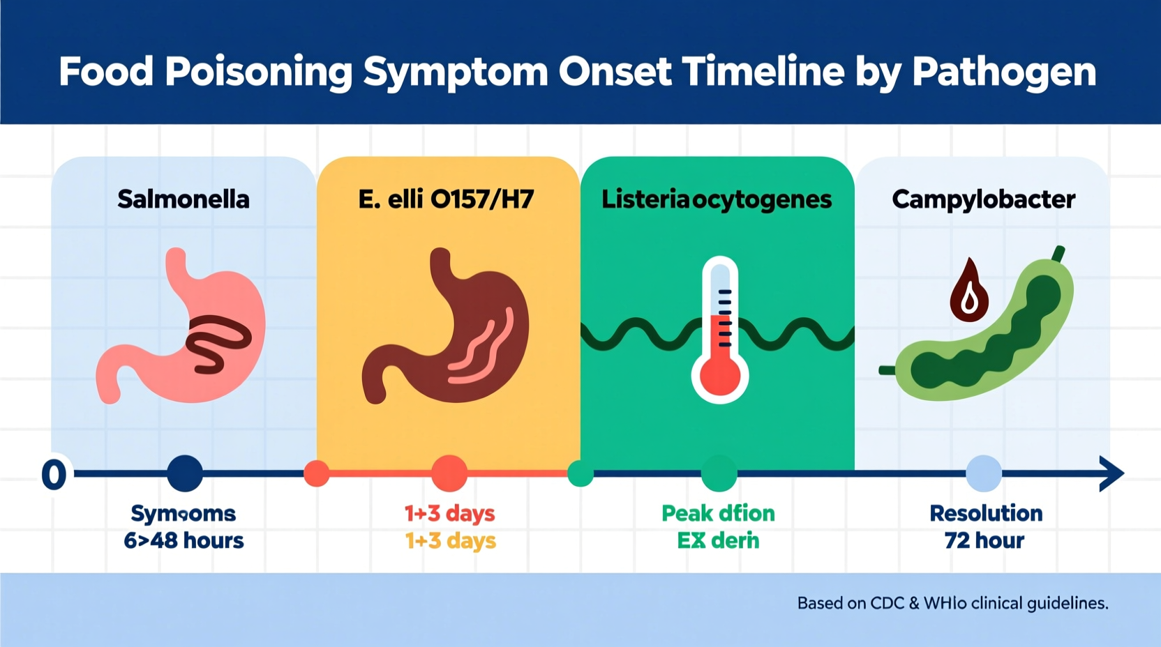 Food poisoning symptom timeline chart showing different pathogens