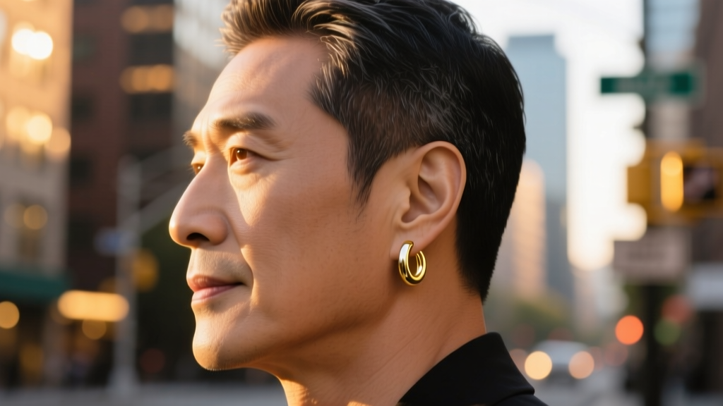 Side profile of a man with a strong jawline wearing a white gold huggie earring against a blurred urban background in warm light