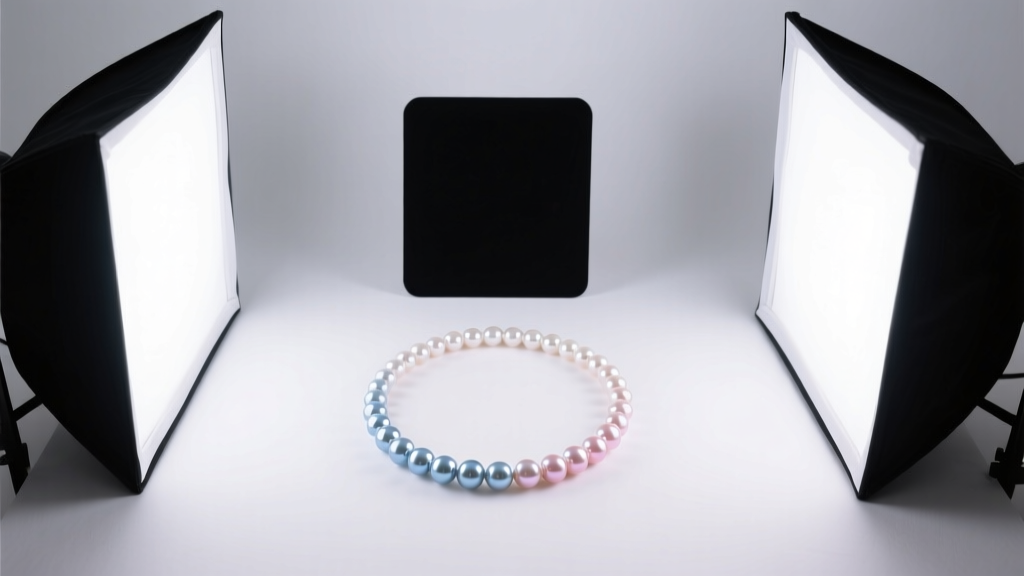 Overhead view of a jewelry light tent with two 5500K LED panels, a black reflector card, and a draped South Sea pearl strand inside