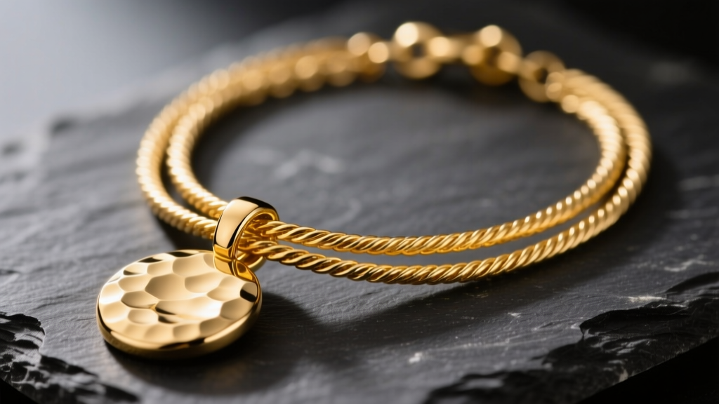 Close-up of layered 14k yellow gold necklaces featuring a hammered pendant and delicate cable chain resting on a dark slate surface