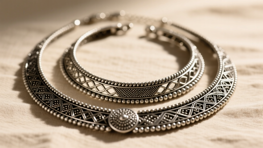 Layered oxidized sterling silver Bali necklaces with intricate granulation and filigree resting on a soft, neutral linen backdrop