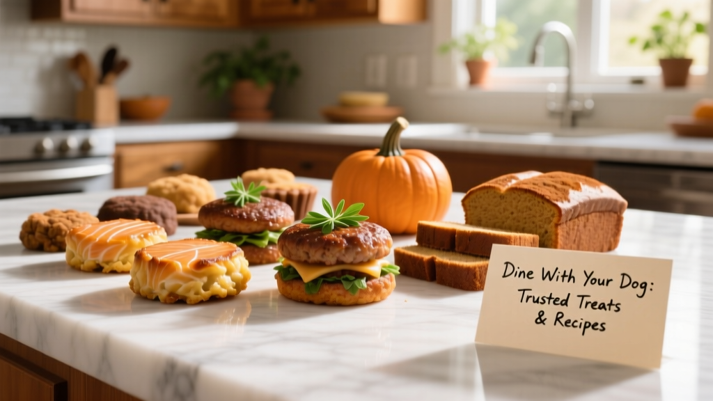 Colorful assortment of homemade dog treats including salmon cakes, chicken burgers, and pumpkin loaf on a marble countertop