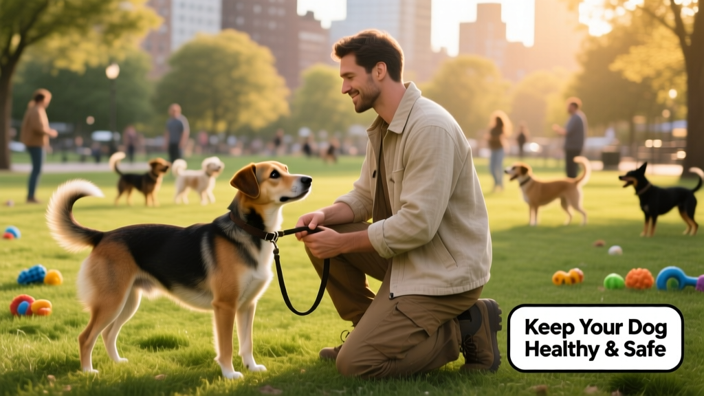 A dog owner kneeling beside their dog, gently holding the leash while observing nearby dogs