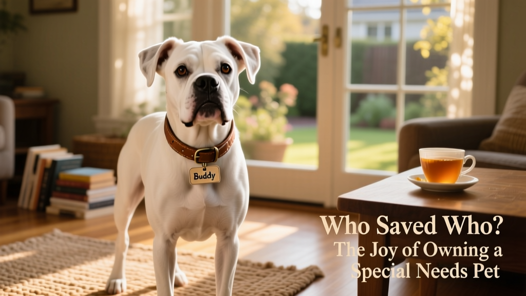 Portrait of deaf white boxer dog