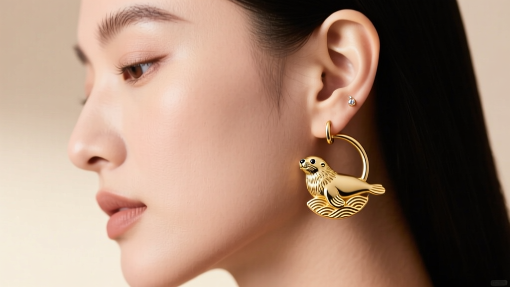 Side profile of a woman wearing a delicate 14k gold marine seal animal motif huggie earring on her upper lobe cartilage piercing.