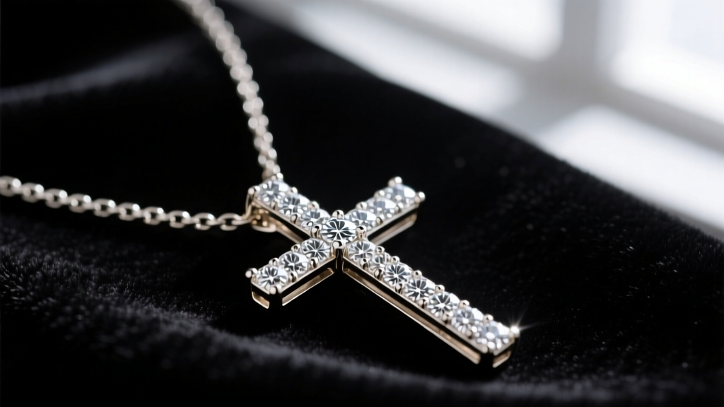 Macro shot of a diamond sideways cross necklace, highlighting pave settings and 18k white gold prongs on dark velvet fabric
