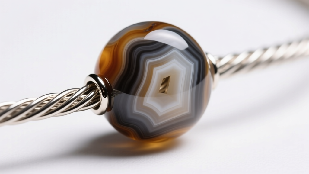 Macro shot of heavy-duty 49-strand stainless steel jewelry wire threaded through a large 18mm natural banded agate bead.