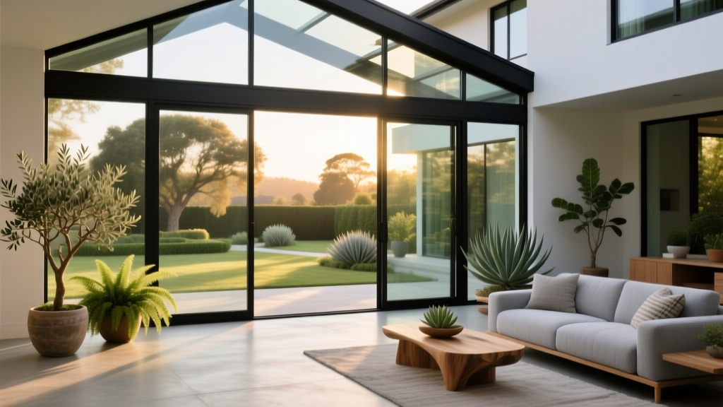 Modern four-season sunroom addition featuring black aluminum framing, low-E argon-filled glass panels, and a polished concrete floor extending from a two-story home