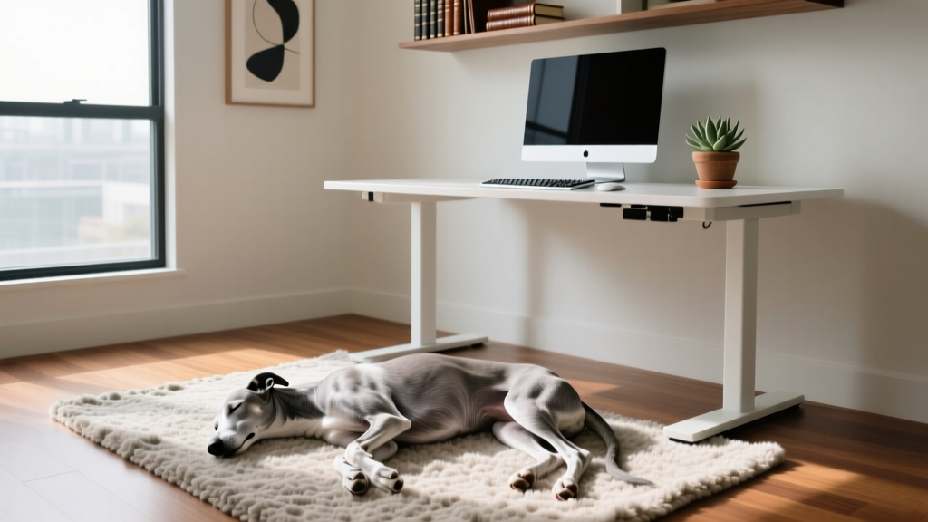 Greyhound dog sleeping calmly on a rug next to a standing desk in a modern home office setup