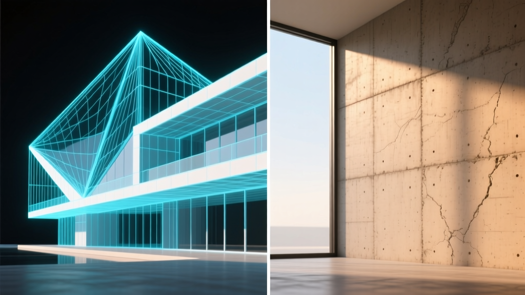 Split view showing a digital wireframe of a parametric facade on the left and finished poured architectural concrete on the right