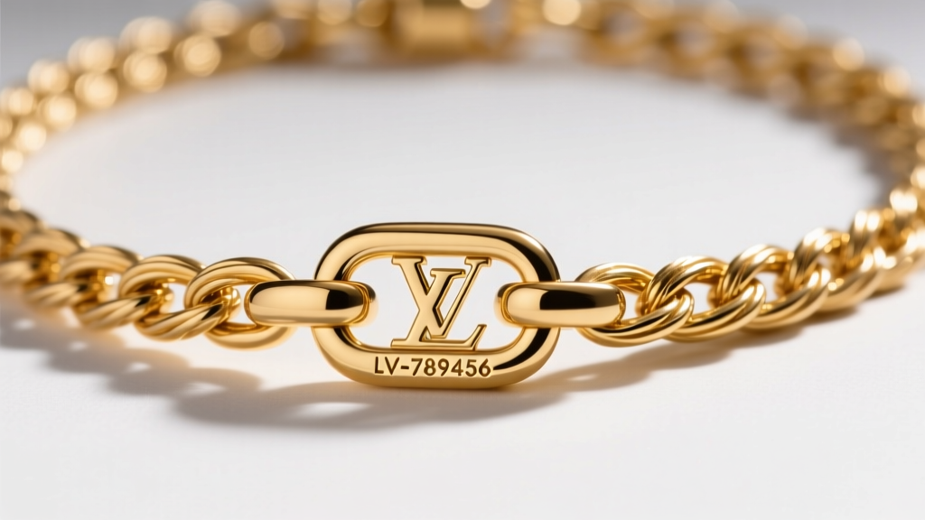 Macro view of an 18k gold LV necklace cable chain and lobster clasp, showing laser-engraved serial numbers on the small metal tag