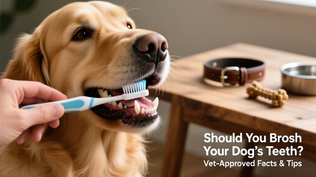 Infographic showing proper dog toothbrushing technique: angled brush, circular motion, focusing on gumline