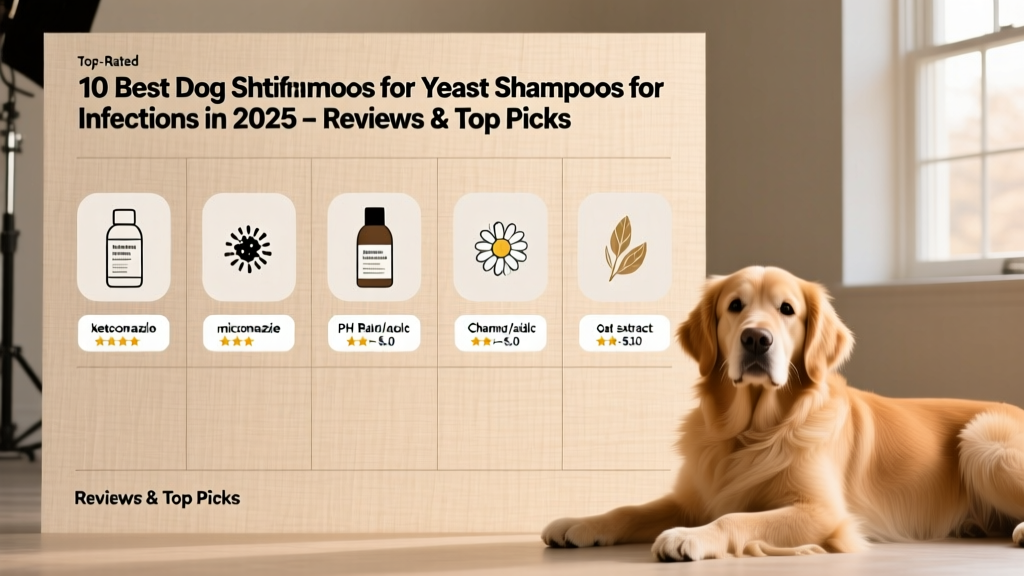 Side-by-side comparison chart showing top-rated antifungal dog shampoos with icons for active ingredients, pH balance, and soothing properties