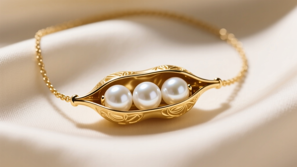 Close-up of a 14k yellow gold peapod necklace on cream silk, revealing three white freshwater pearls inside the pod.