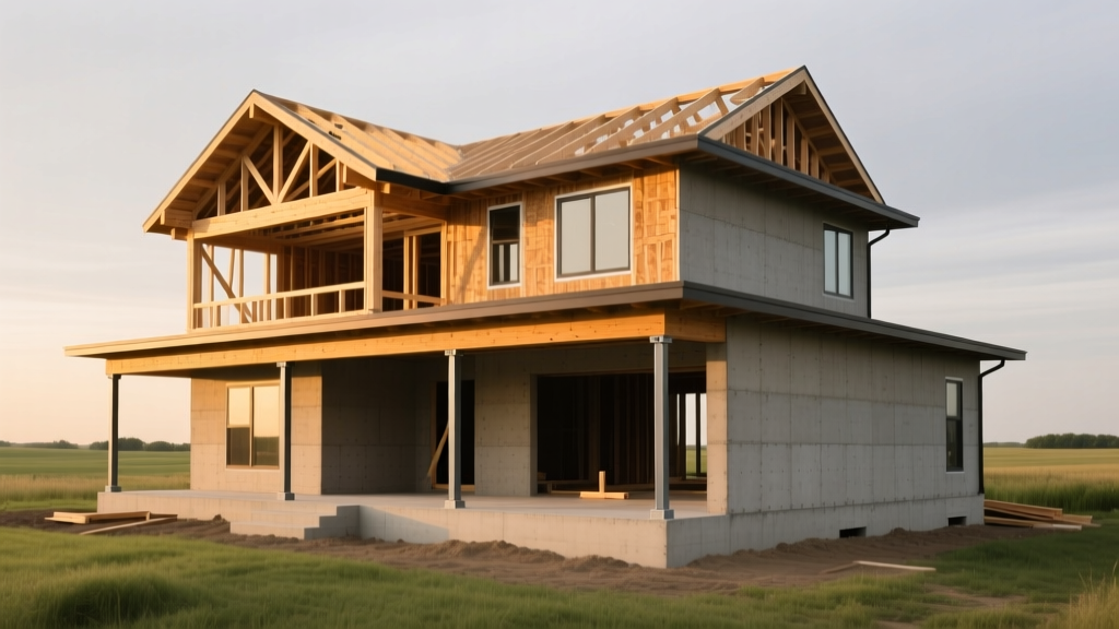 Modern two-story craftsman home under construction in Iowa with exposed wood framing, concrete foundation forms, and flat sky