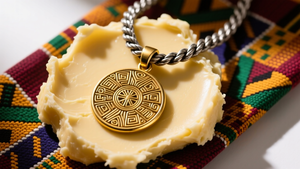 Ashanti brass gold-weight pendant on an oxidized silver rope chain, resting on shea butter and woven kente cloth, top-down view.