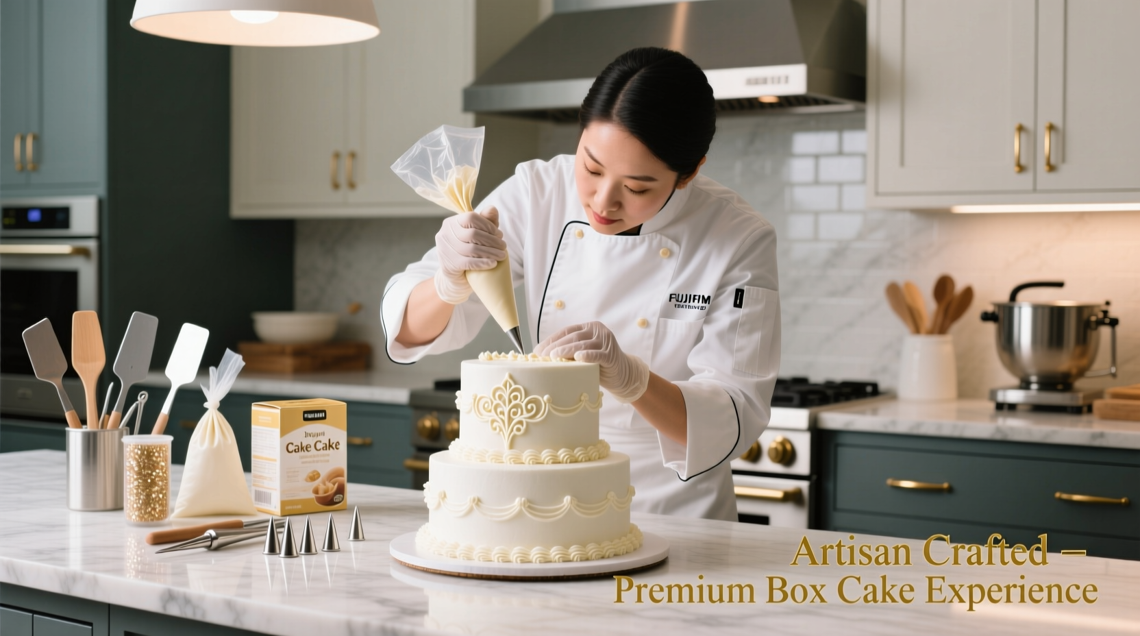 Professional baker decorating elevated box cake mix