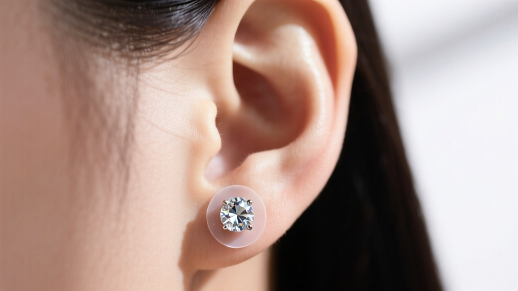Close-up of an earlobe featuring a sparkling crystal earring sticker, soft lighting on the seamless adhesive base.