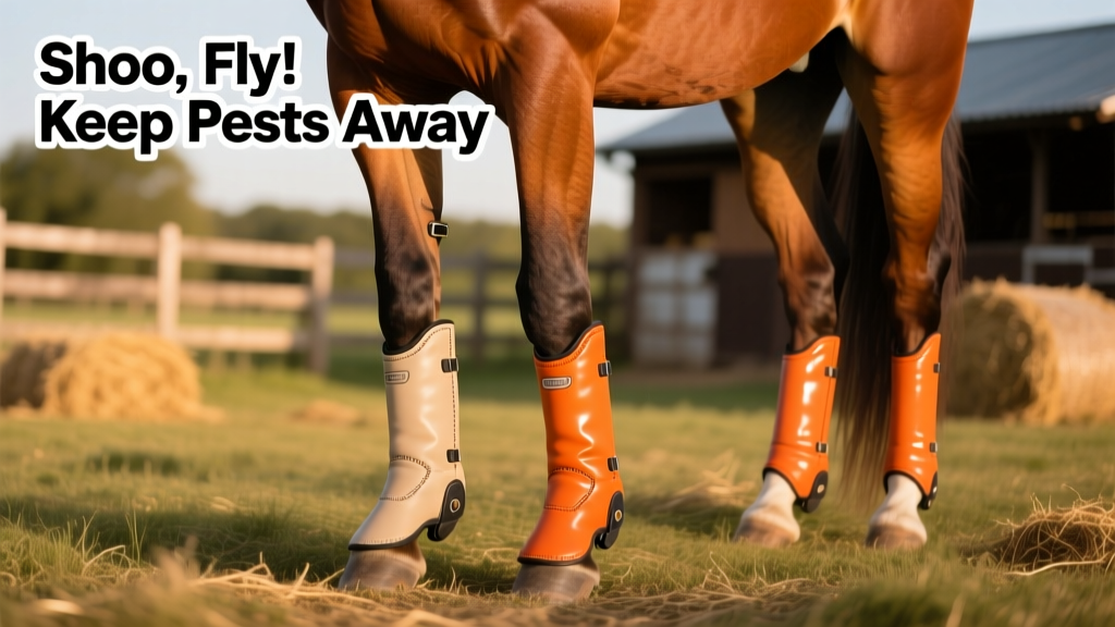 Side-by-side comparison of two horse fly boots—one beige, one bright orange—on a horse’s hind legs