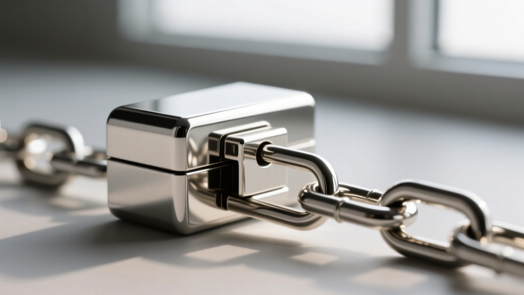 Macro shot of a heavy silver box clasp securing a thick 15mm paperclip chain, sharp focus on polished metal joints.