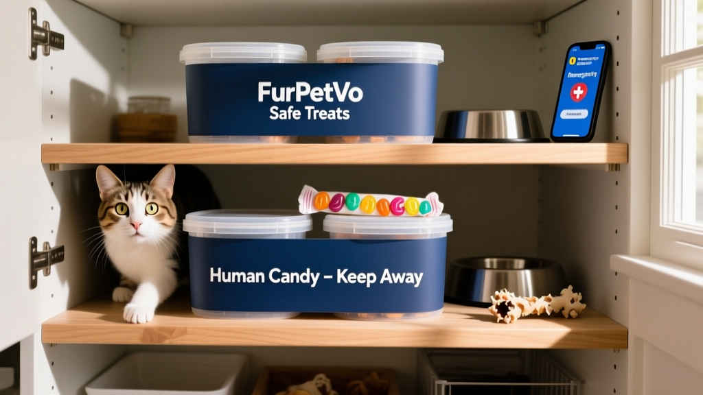 A pet-proof pantry shelf with sealed containers labeled 'FurPetVo Safe Treats' and 'Human Candy – Keep Away'