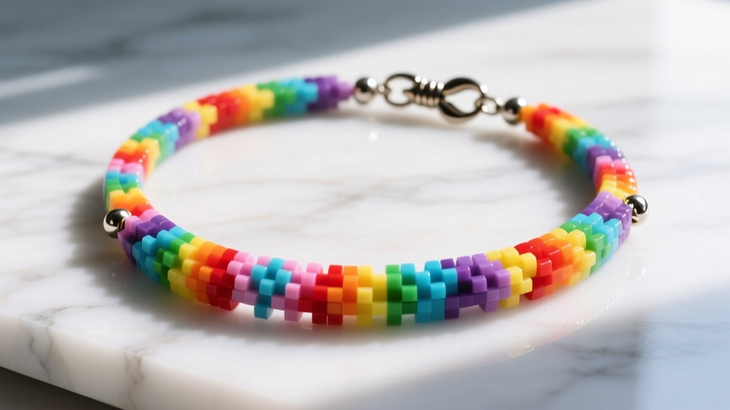 Close-up of a vibrant Y2K perler bead necklace on marble, featuring a secure metal lobster clasp and steel crimp beads.