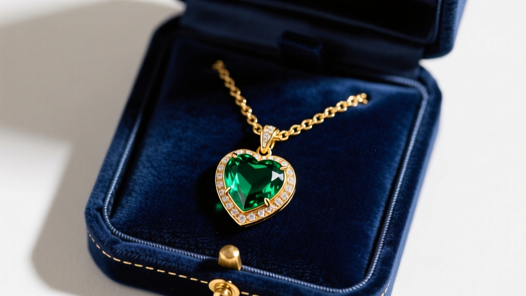 Gold vermeil chain with an emerald green heart pendant stored in a velvet-lined anti-tarnish jewelry box, top-down angle view.
