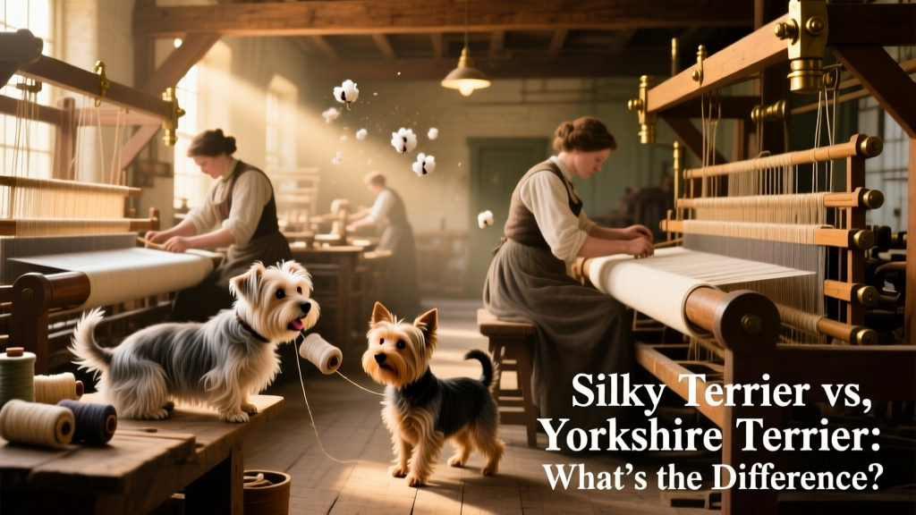Historical illustration of 19th-century textile mills with small terriers working alongside weavers