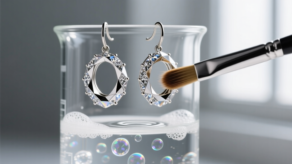 Diamond cut hoop earrings in a glass beaker of soapy water, with a soft brush gently scrubbing the intricate metal facets.