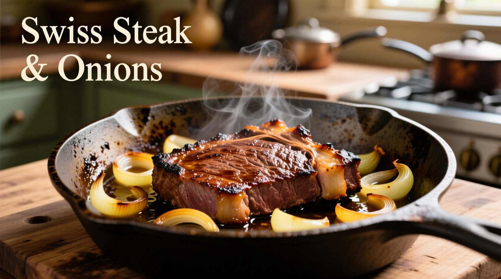 Browned Swiss steak in cast iron skillet with onions