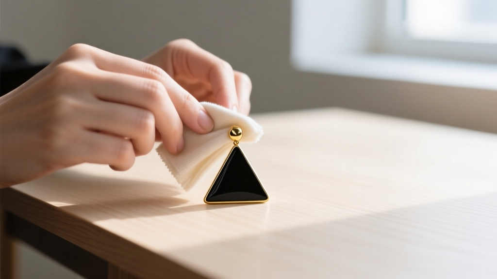 Hands wiping a black enamel gold triangle earring with a soft cloth, bathed in bright window light on a clean wooden desk.
