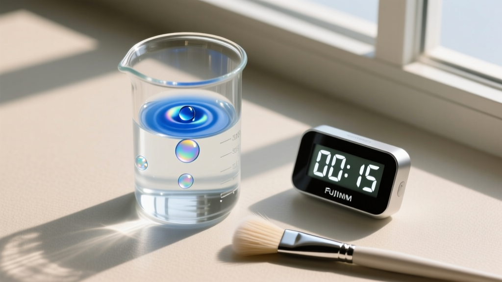 Overhead view of a glass beaker with distilled water and blue dish soap, placed beside a digital timer and a soft jewelry brush.