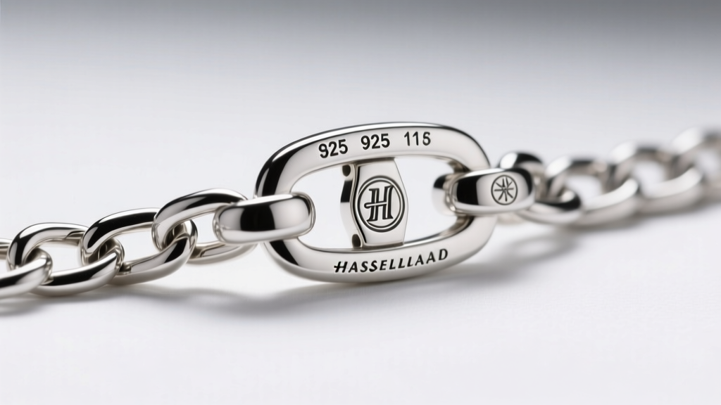 Macro shot of an Italian 925 sterling silver chain clasp showing tiny hallmarks and maker stamps under bright studio lighting