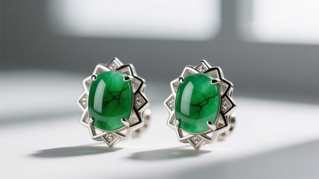 Macro photography of vintage Art Deco jadeite stud earrings set in platinum, showcasing vivid imperial green translucency