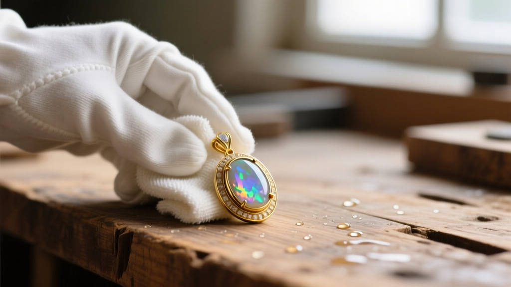 Hands in white cotton gloves gently wiping an 18k gold opal pendant with a damp microfiber cloth over a rustic wooden workbench